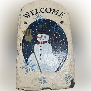 ⭐️ Vintage “Welcome” Snowman Slate Christmas Hanging Plaque Winter Holiday